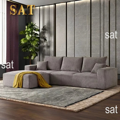 Modern Sectional Sleeper Sofa Bed 3-Seater Grey Lounge Couch Corduroy Convertible Sponge Compression Modular Sofas Chaise Home
