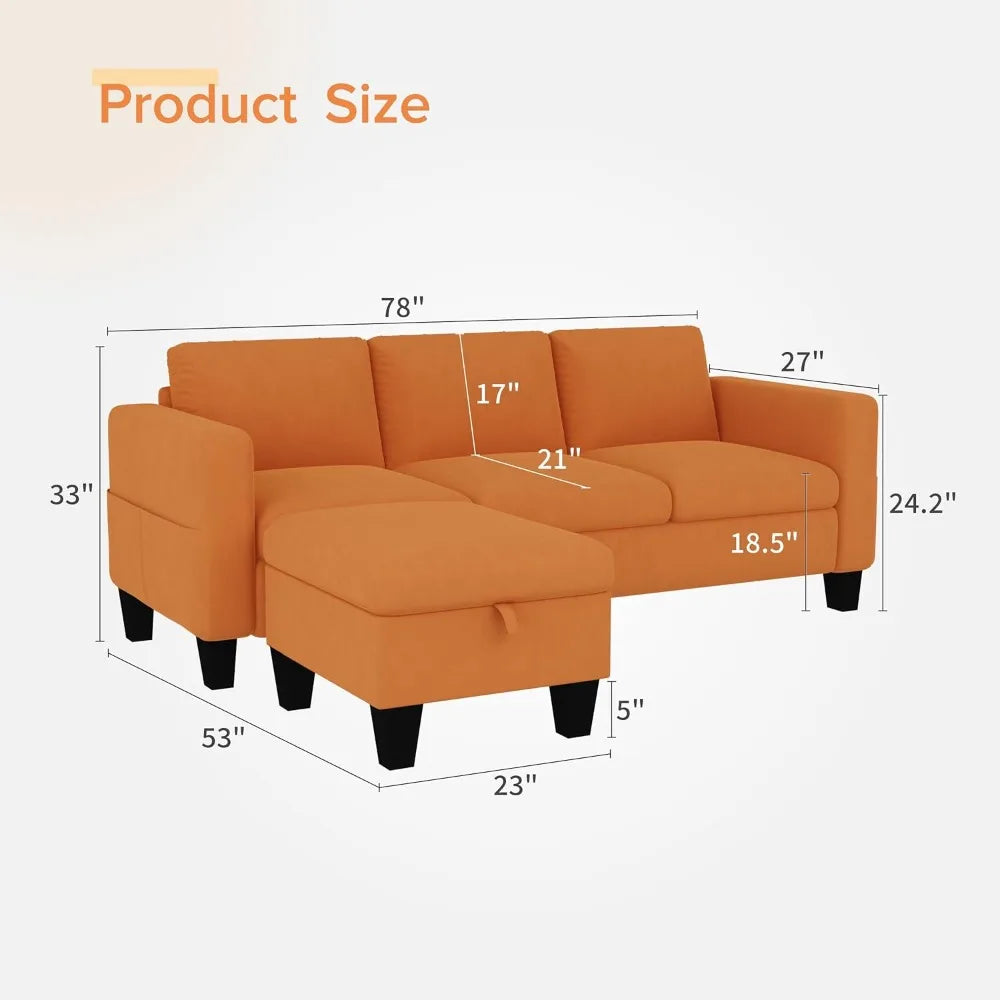 3-Seat L-Shaped Sectional Sofa, Convertible Velvet Couch for Small Spaces