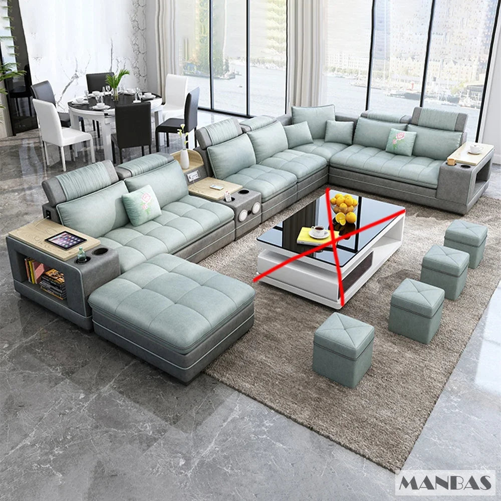 MANBAS Modern U-Shaped Fabric Sectional Sofa Set with Storage, Cup Holders, Speaker, USB, Bookshelf and Stools for Living Room