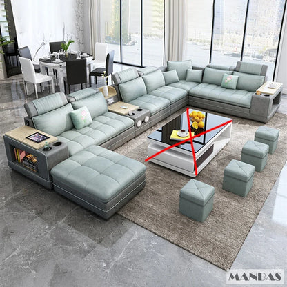 MANBAS Modern U-Shaped Fabric Sectional Sofa Set with Storage, Cup Holders, Speaker, USB, Bookshelf and Stools for Living Room