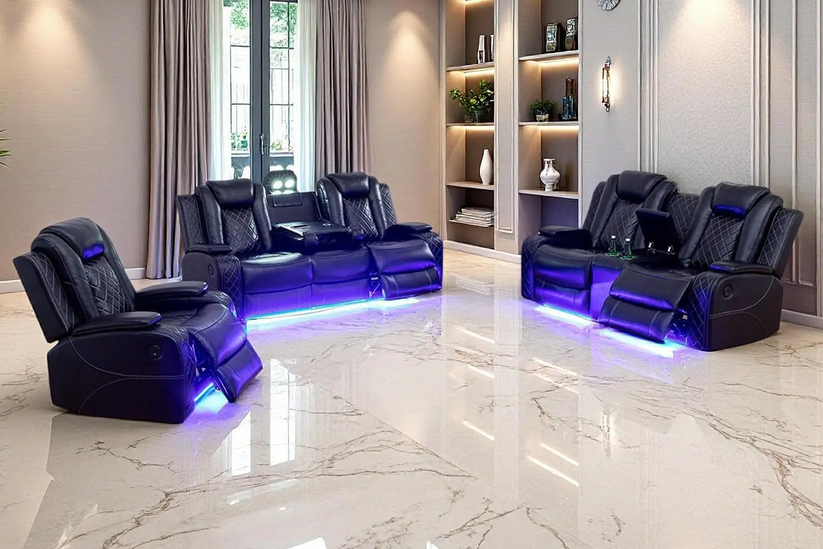 Power Recliner Sofa Set, Black Leather 3 Pieces Sectional Couch, Living Room Furniture Sets with LED Light, Modern Power