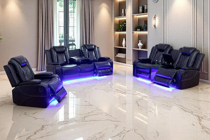 Power Recliner Sofa Set, Black Leather 3 Pieces Sectional Couch, Living Room Furniture Sets with LED Light, Modern Power