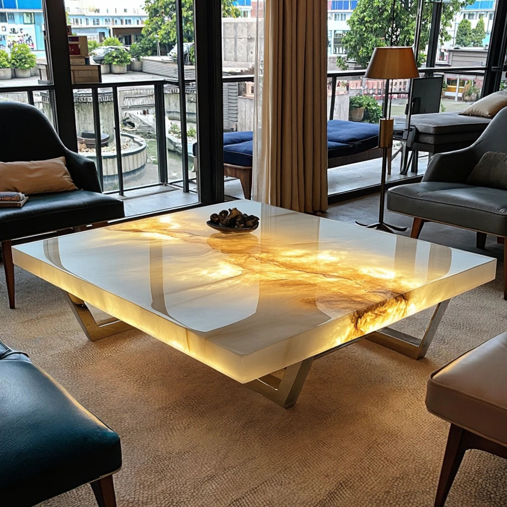 Square modern high-end coffee table expandable luminous jade natural marble living room home furniture