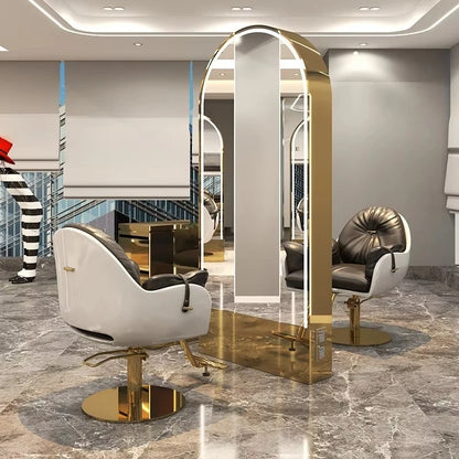 Salon Furniture Led Light Gold Frame Double Sided Barber Station Modern Hair Salon Mirrors Designs
