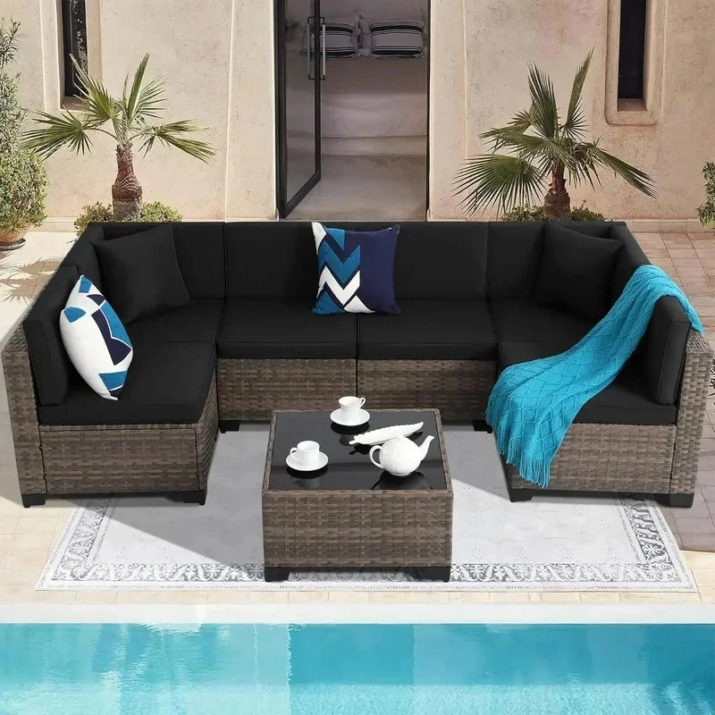 Brown Rattan Sectional Sofa Set with Cushions and Coffee Table for Outdoor Patio
