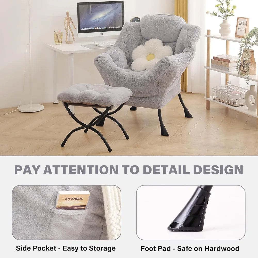 Modern Lazy Chair with Ottoman, Large Accent Lounge Armchair, Comfy Reading Sofa with Footrest for Living Room, Bedroom