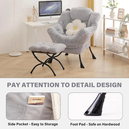 Modern Lazy Chair with Ottoman, Large Accent Lounge Armchair, Comfy Reading Sofa with Footrest for Living Room, Bedroom
