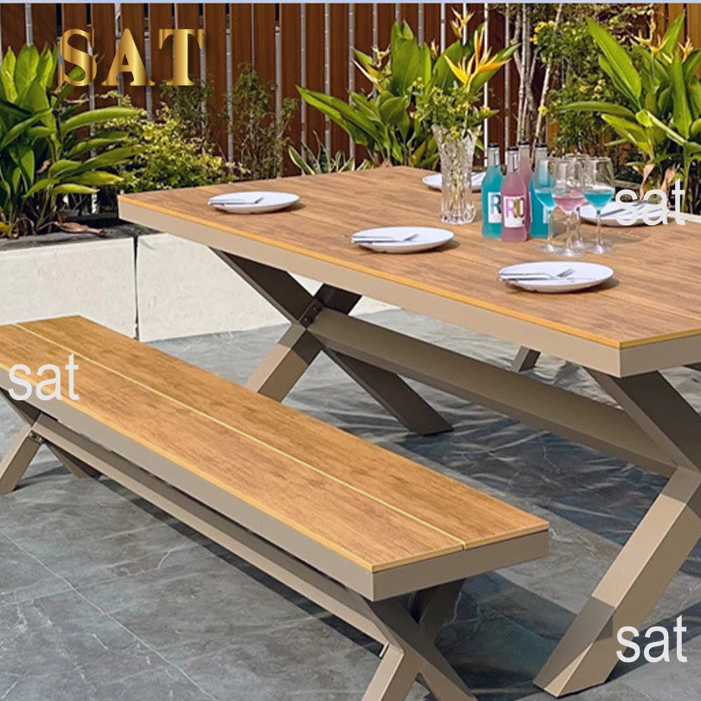 #Modern Outdoor Aluminum Chair Wood Metal Frame Villa Patio Garden Table Chair Set For Dining Courtyard Leisure