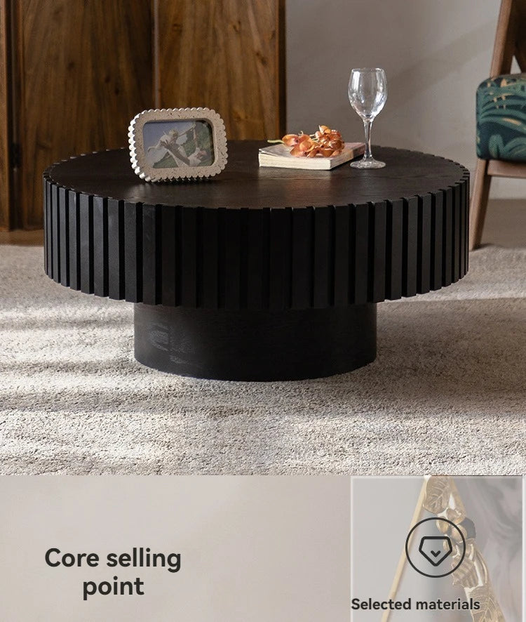 Modern Wooden Coffee Table Round Black with Solid Wood Veneered, Circle Center Table Accent Tea Table for Living Room Apartment