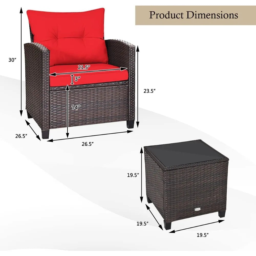 3 Piece Patio Furniture Set, Outdoor Conversation Set with Washable Cushions & Tempered Glass Tabletop, PE Rattan Wicker Bistro