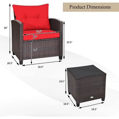 3 Piece Patio Furniture Set, Outdoor Conversation Set with Washable Cushions & Tempered Glass Tabletop, PE Rattan Wicker Bistro