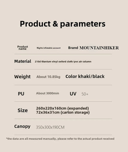 MOUNTAINHIKER 4-6 Person Outdoor Camping Manual Inflation Tent Anti-UV Shade Waterproof Air Tent Hiking Quick Open Beach Fishing