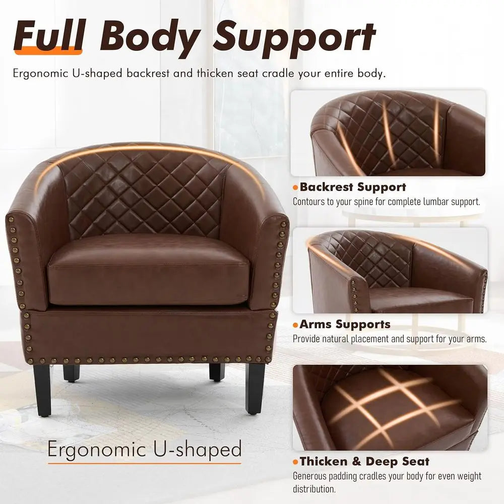 PU Barrel Chair Set of 2 Living Room Chair, Upholstered Sofa Club Chair Set with Nail-Heads and Solid Wood Legs for Bedroom, Off