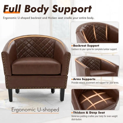 PU Barrel Chair Set of 2 Living Room Chair, Upholstered Sofa Club Chair Set with Nail-Heads and Solid Wood Legs for Bedroom, Off