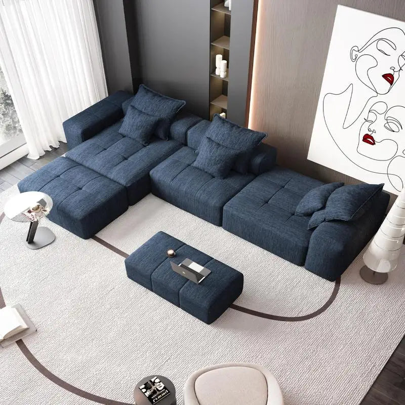 Modern Oversized Modular Sectional Sofa, Soft Chenille Fabric, 6 Pillows, DIY Tufted Combination, No Assembly, Blue Color