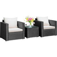 3 Pieces Patio Furniture Set, PE Rattan Wicker Sofa Set w/Washable Cushion and Tempered Glass Tabletop, Outdoor Convers