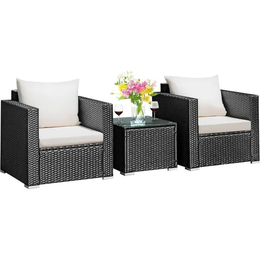 3 Pieces Patio Furniture Set, PE Rattan Wicker Sofa Set w/Washable Cushion and Tempered Glass Tabletop, Outdoor Convers