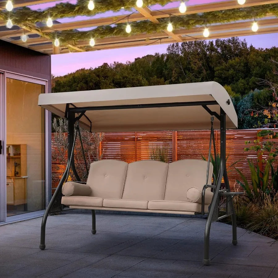 Patio Porch Swing 3Seat Outdoor Swing with Adjustable Canopy Waterproof Fabric Cushion Pillow and Foldable Side Tray for Patio
