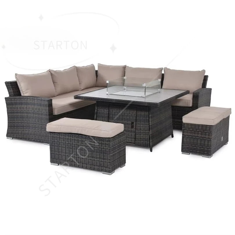 4 Pieces Rattan Garden Sofa Set Sectional Cushions Modern Dining Metal Aluminum Fire Pit Wicker Rope Outdoor Patio Furniture Set