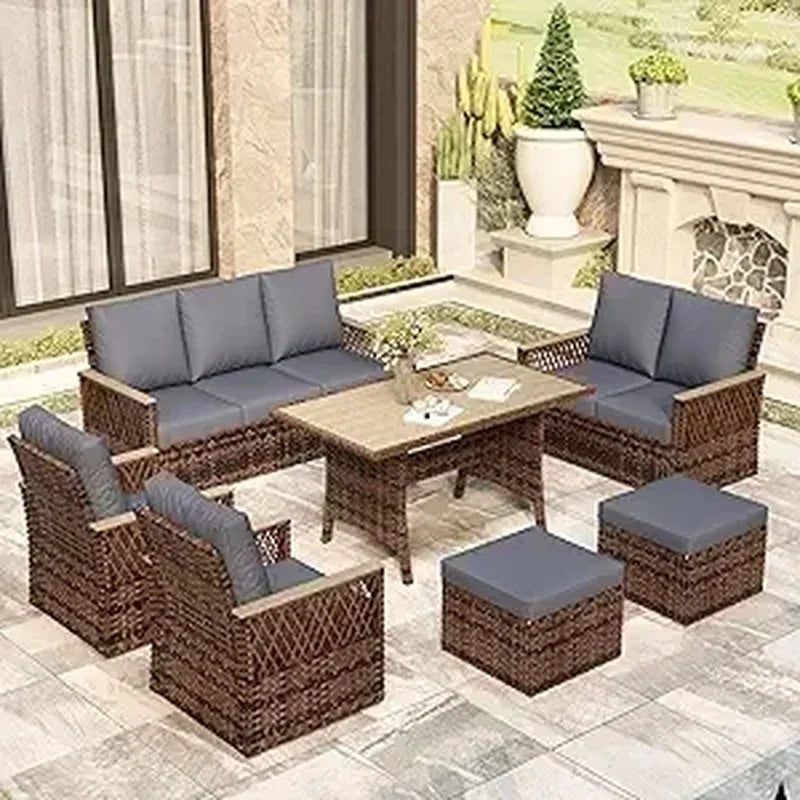7-Piece Outdoor Patio Furniture Set with Swivel Glide Chairs, Ottomans, Sofa, Loveseat, and Dining Table for All-Weather Use