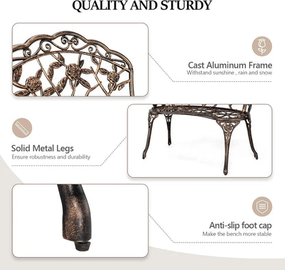 Antique Bronze Garden Bench for Two, Cast Iron Frame with Weather-Resistant Finish, Perfect for Outdoor Patio Decor