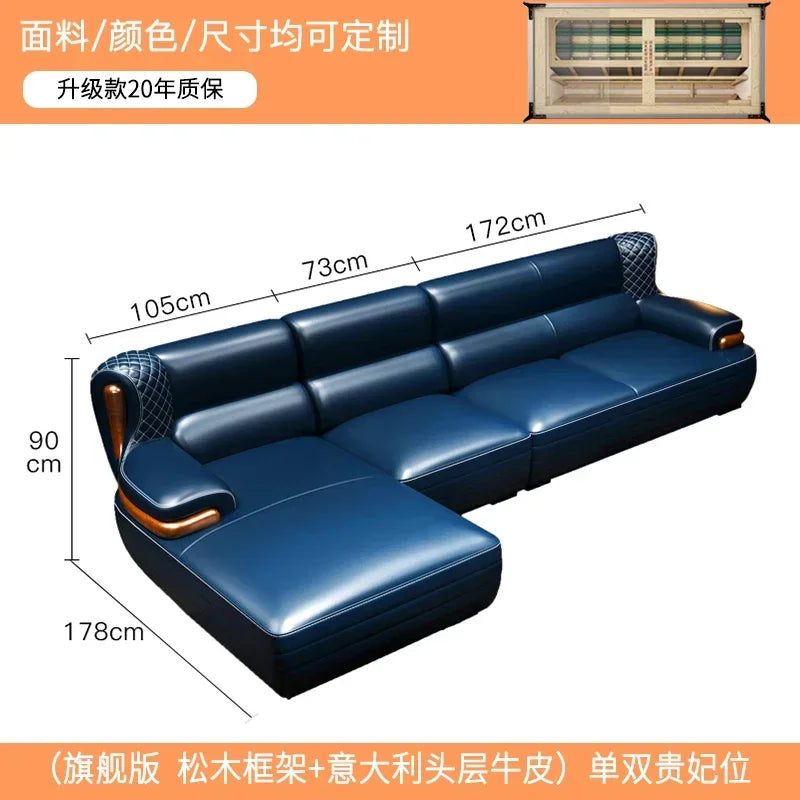 The first layer leather sofa high-grade villa solid wood high-end living room modern simple apartment blue Nordic style custom