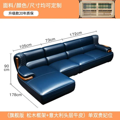 The first layer leather sofa high-grade villa solid wood high-end living room modern simple apartment blue Nordic style custom