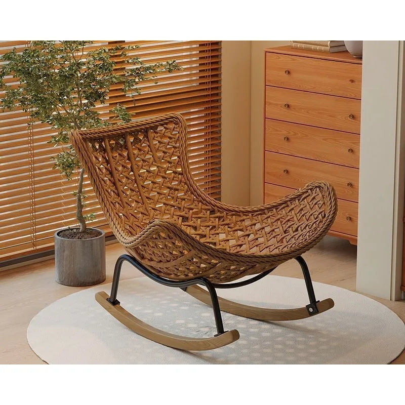 Woven Rattan Rocking Chair with Metal & Wood Base Stylish & Comfortable Seating for Living Room & Balcony Decor