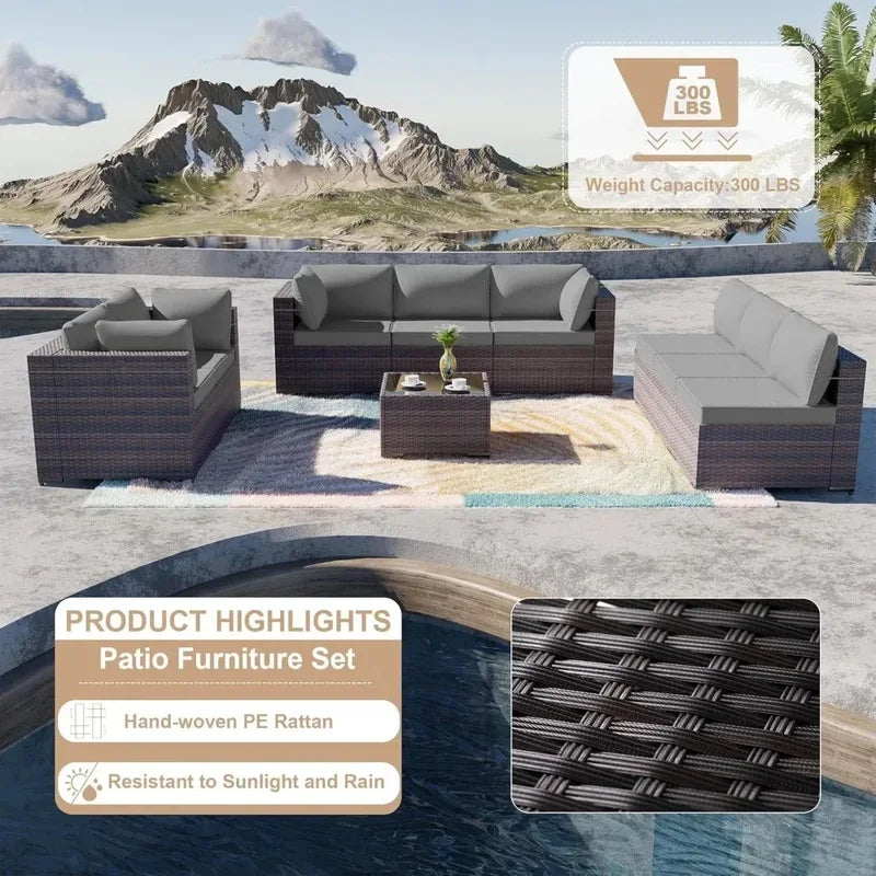 Outdoor Patio Sectional Sofa Set - 9 Piece Brown PE Rattan Conversation Furniture