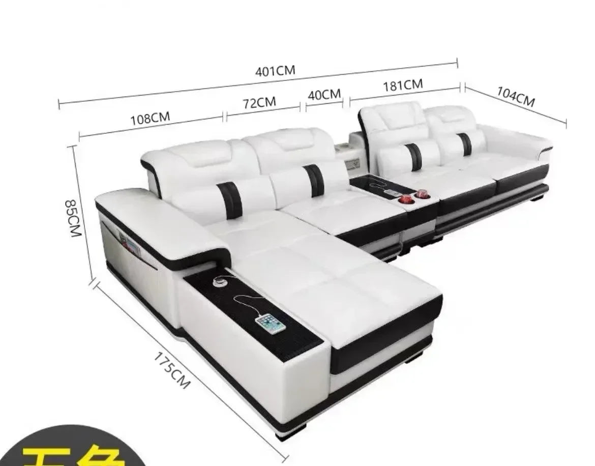 Living Room Sofa Set Corner Sofa Speaker Real Genuine Cow Leather Sectional Sofas Nordic L Shape Bluetooth Headrest Functional