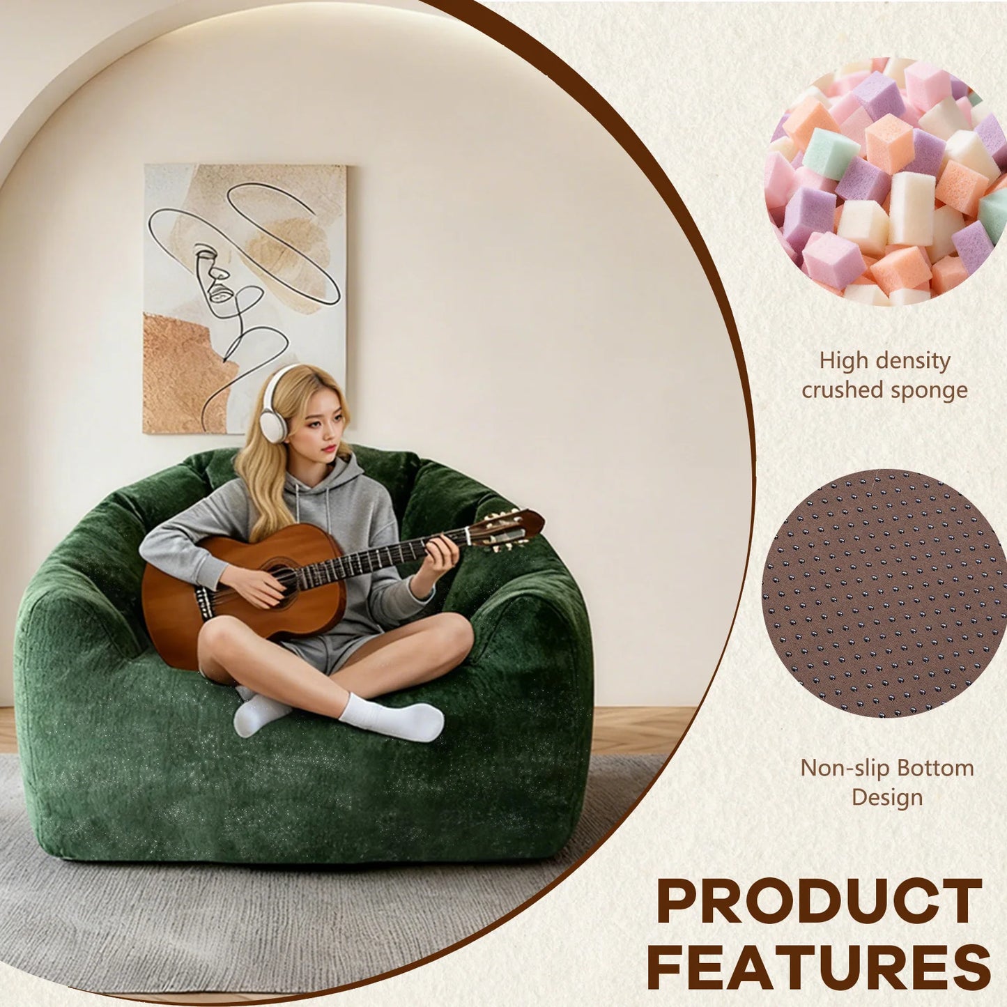 Adult bean bag chair, ultra-large, boneless sofa; reading chair with rabbit fur fabric; living room furniture, memory foam lazy