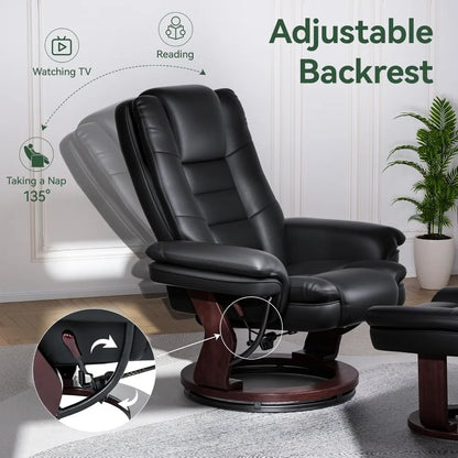 Modern Swivel Recliner Chair with Ottoman, Adjustable PU Leather, Thick Padded Cushion for Living Room, Bedroom