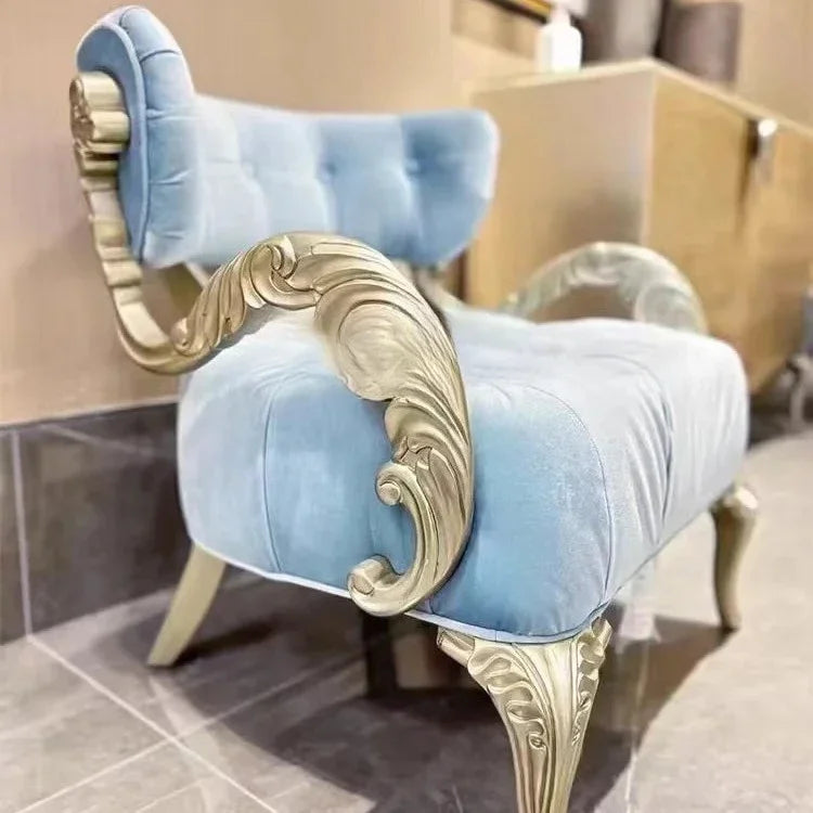 WWAmerican Light Luxury Wood Carved Couch Living Room Balcony Bedroom Fabric Craft Single Sofa Leisure