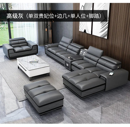 Simple and modern leather sofa combination large apartment living room L-shaped corner function headrest few fully