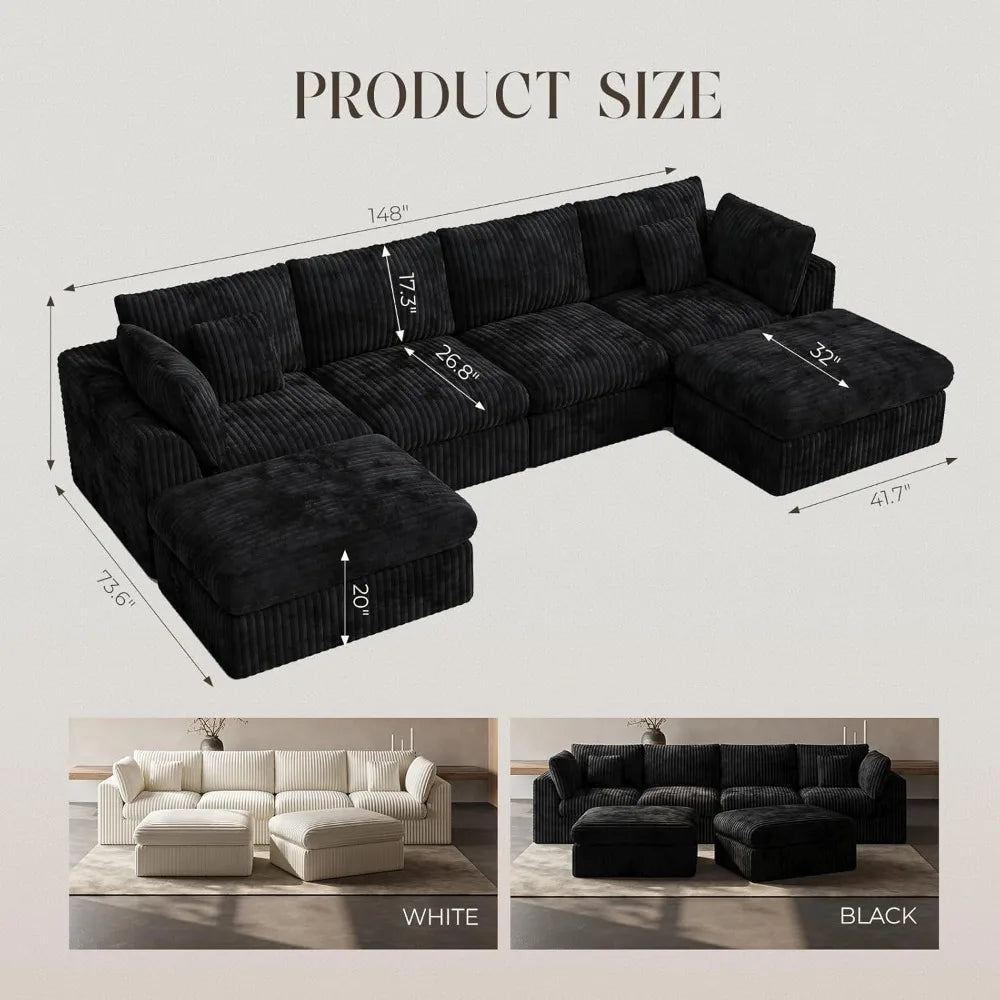 148” Cloud Sectional Couches for Living Room, Modular U Shaped Sofa with Ottoman, Deep Seat Chenille Sectional for, Customized