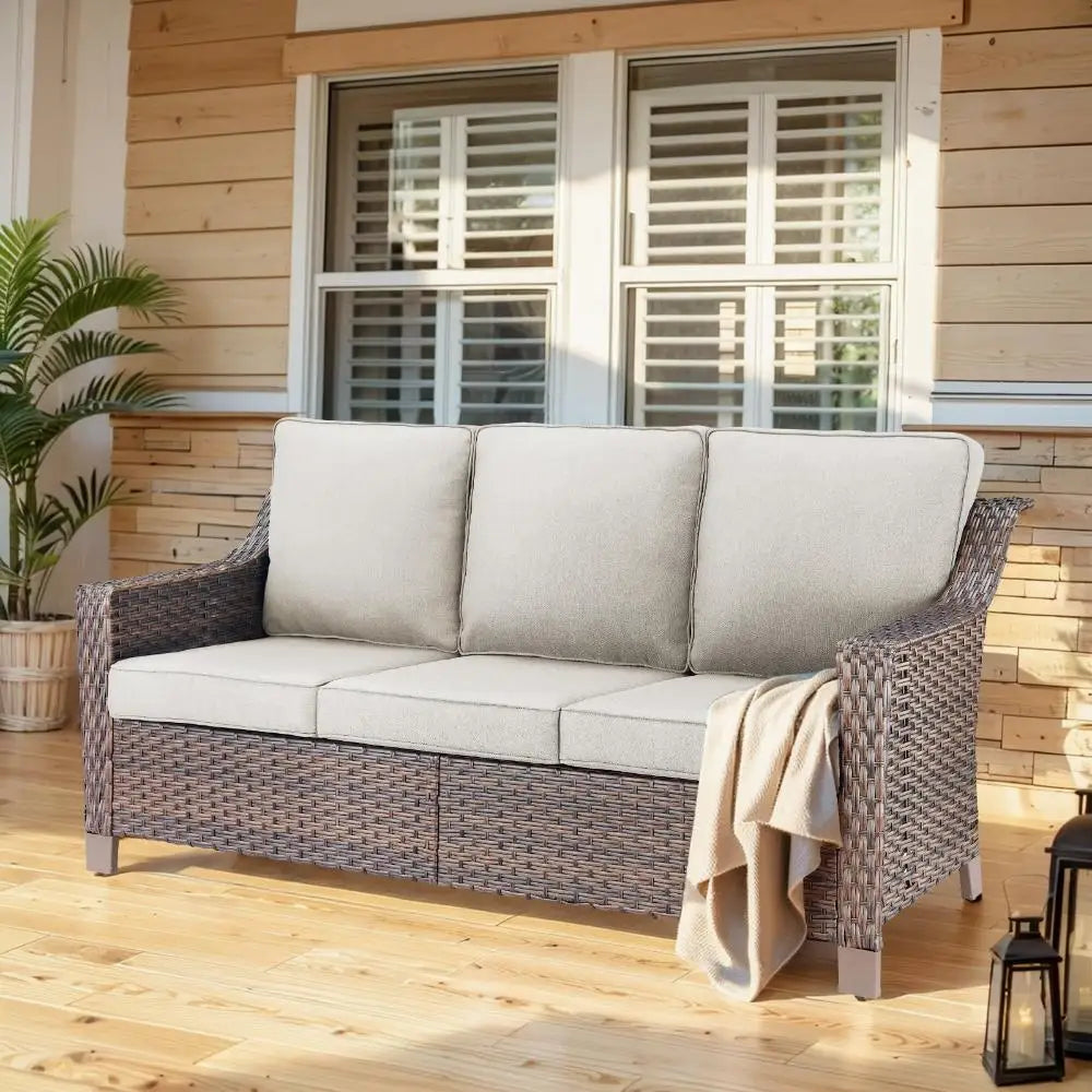 Outdoor Wicker Sofa Patio Couch - Heavy Duty Outside Resin Rattan Lawn Sofas for Front Porch Balcony Backyard