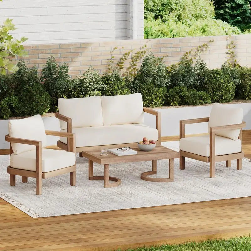 4-Piece Acacia Outdoor Furniture Set, Deep Seating Patio Conversation Set with Coffee Table and Soft Cushions, Ideal for