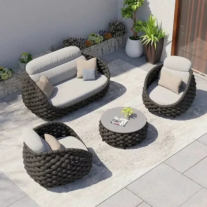 Outdoor Rattan Sofa Set, 2-Seat Patio Furniture for Balcony, Terrace, Villa or Courtyard, All-Weather Wicker Lounge Chair Combo