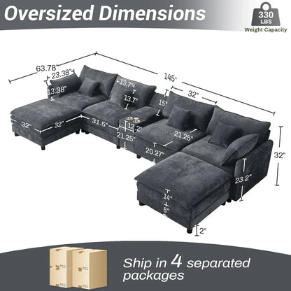 145" Oversized Modular Sectional Sofa U Shaped Cloud Couch 6 Seat Sofa Set for Living Room Comfy Fluffy Chenille Deep Seat