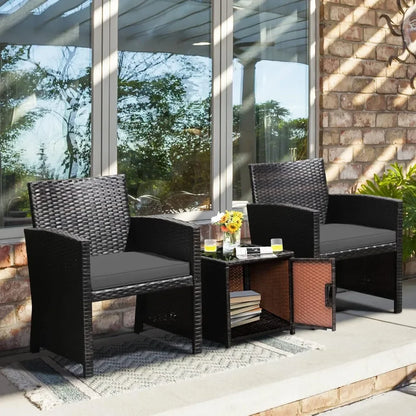 3 Piece Outdoor Bistro Set, PE Wicker Patio Conversation Set with Side Storage Table with Door, Soft Cushions and Pro