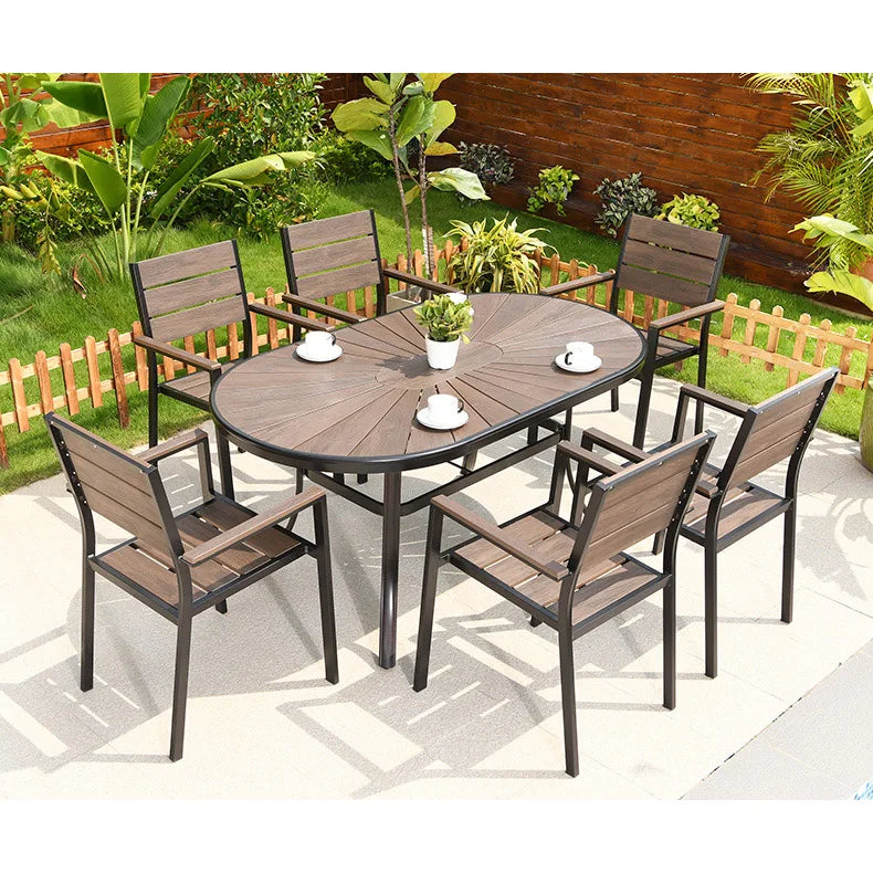 6 Chairs Aluminum Outdoor Furniture WPC Dining Table Chairs Patio Garden Sets