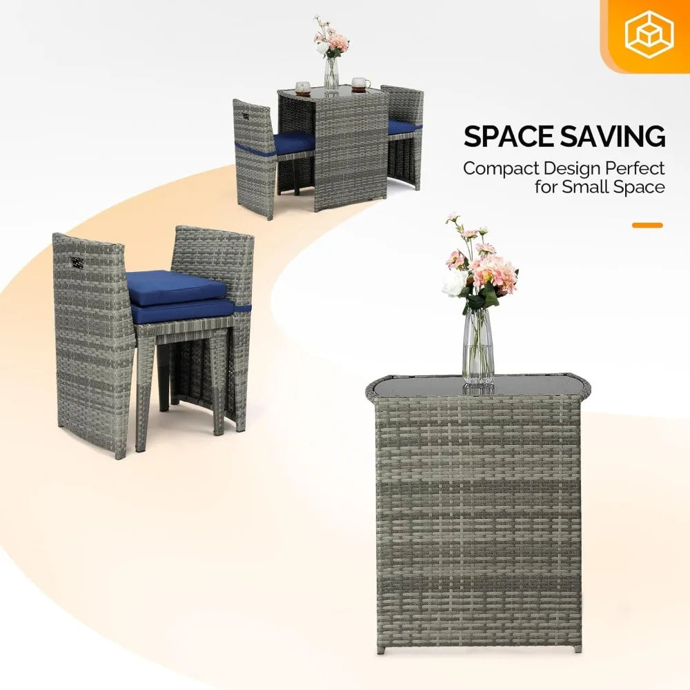 3 PCS Wicker Outdoor Patio Bistro Set, Patio Furniture Set for Small Space with Glass Top Table Dining Chairs, Balcony