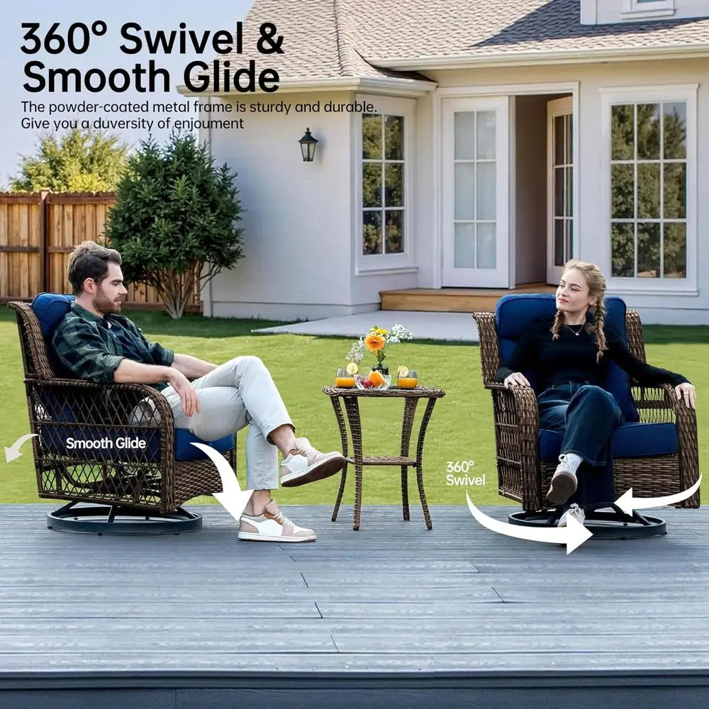 Patio Bistro Set 3 Piece Wicker Rocking Chairs Sets Outdoor Swivel Chair urniture Set with Rattan Side Table, 5" Thick Cushion G