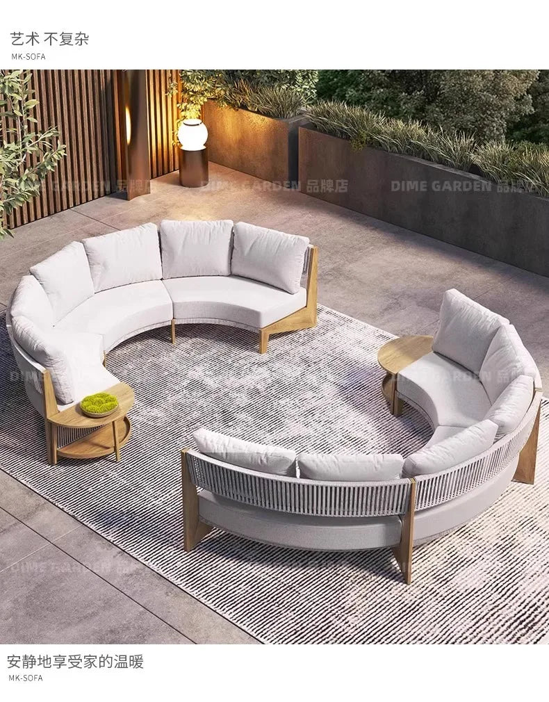Outdoor circular sofa, rattan woven outdoor courtyard garden, villa restaurant, outdoor booth, anti-corrosion teak furniture