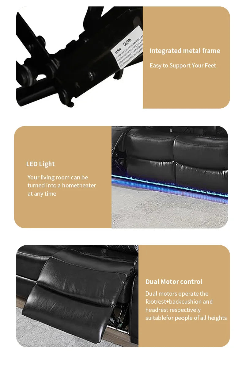 Power Reclining Sofa Couch with Wireless Charger 3 Seaters Recliner  Reading Light Leather Bluetooth Speaker Theater Seating LED