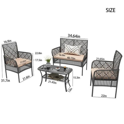 4-Piece Outdoor Patio Furniture Set, PE Rattan Wicker Garden Chairs with Tempered Glass Table & Soft Cushions for Backyard,