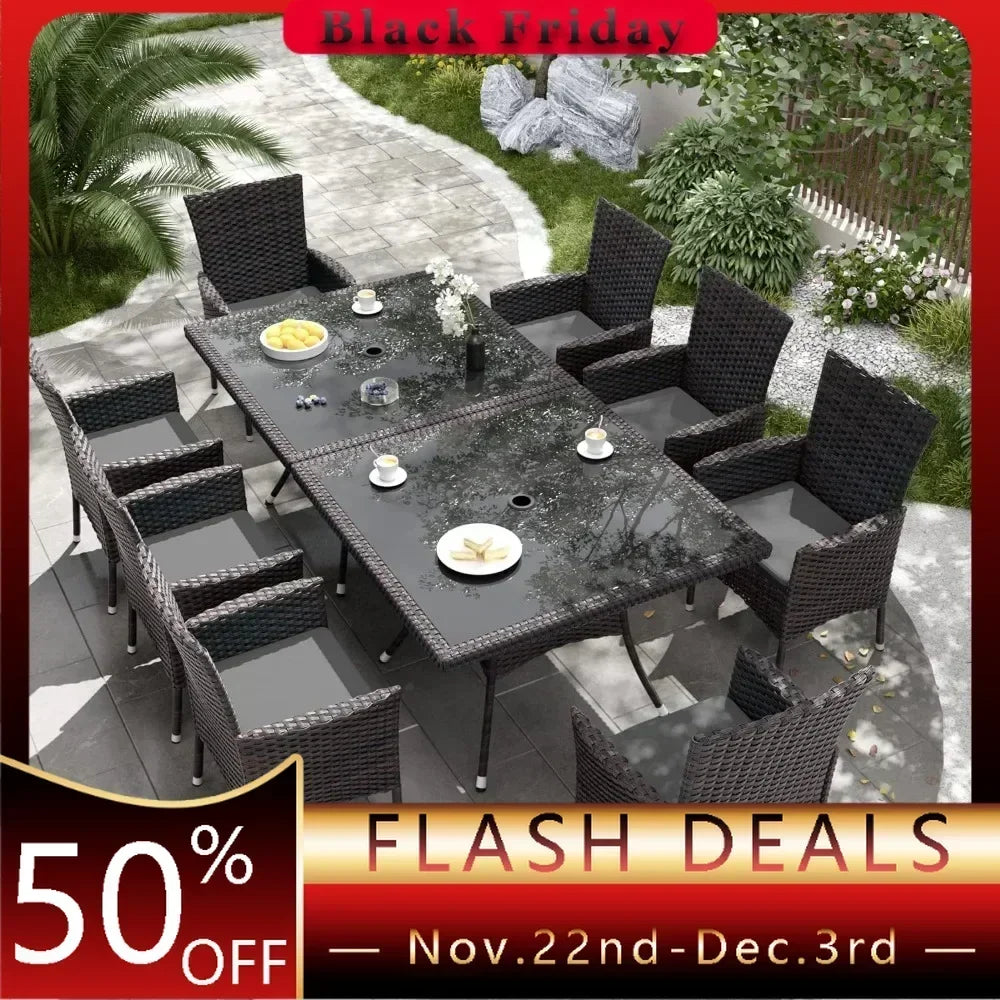 Terrace Furniture Set, Including 8 Cushioned Chairs and 2 Square Tables with Umbrella Shaped Hollow Grey Outdoor Chairs
