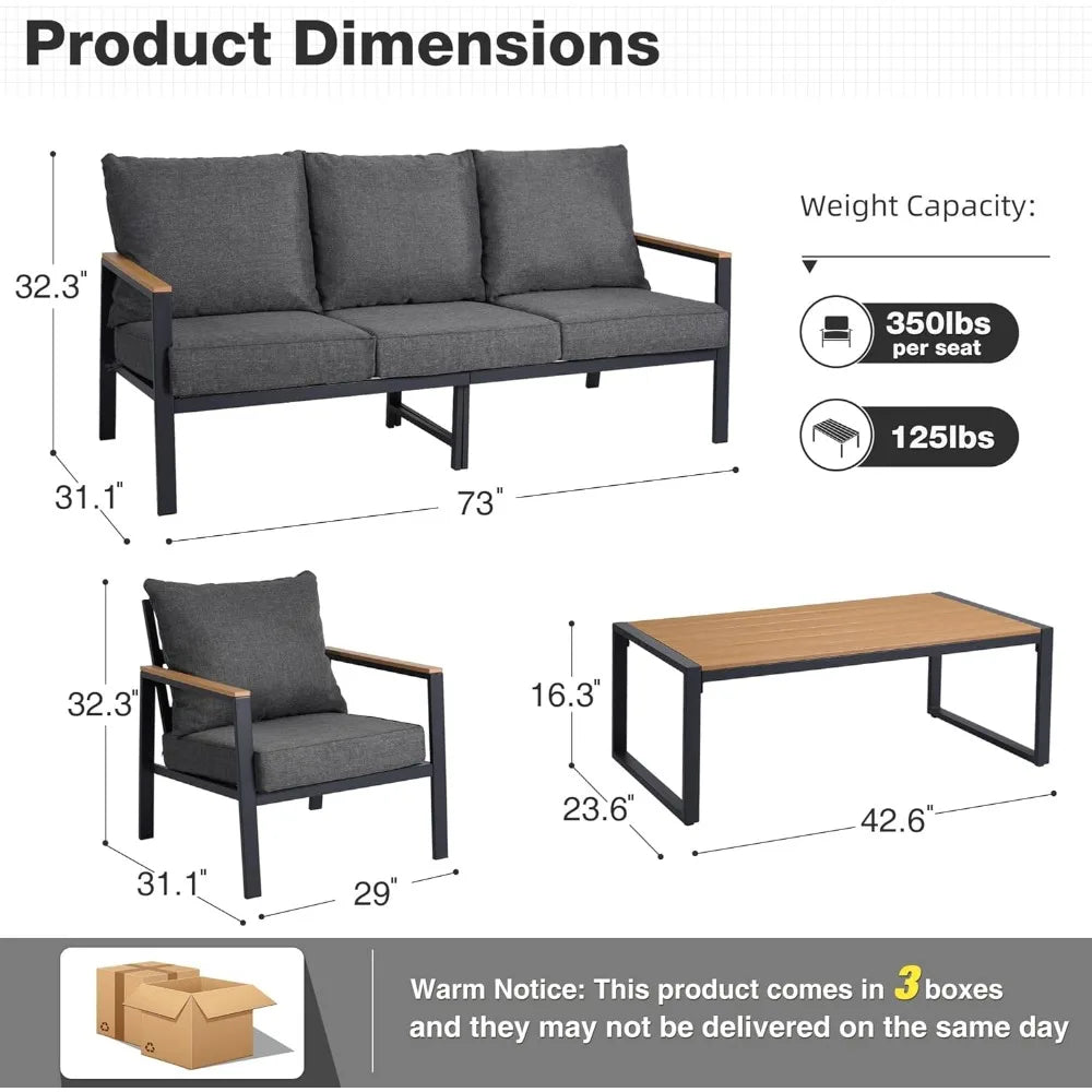Patio Furniture Set, 4 Pieces Outdoor Furniture Patio Conversation Set with High Back, Faux-Wood Armrest and Tabletop, Outdoor C