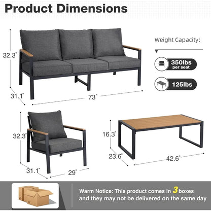 Patio Furniture Set, 4 Pieces Outdoor Furniture Patio Conversation Set with High Back, Faux-Wood Armrest and Tabletop, Outdoor C