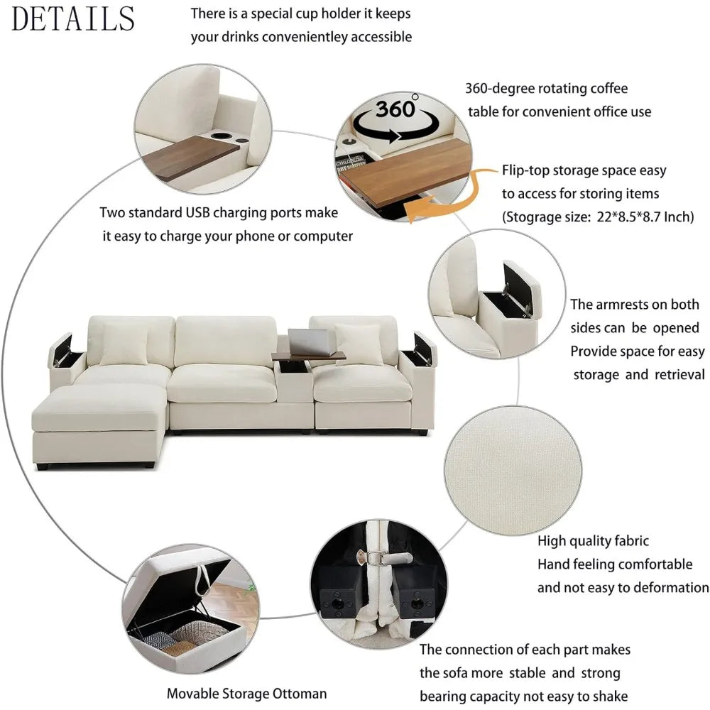 L Shaped Sectional Couch with Ottoman, Deep Seat Modular Sofa with Storage Arms, 3 Seater, Living Room, 120"